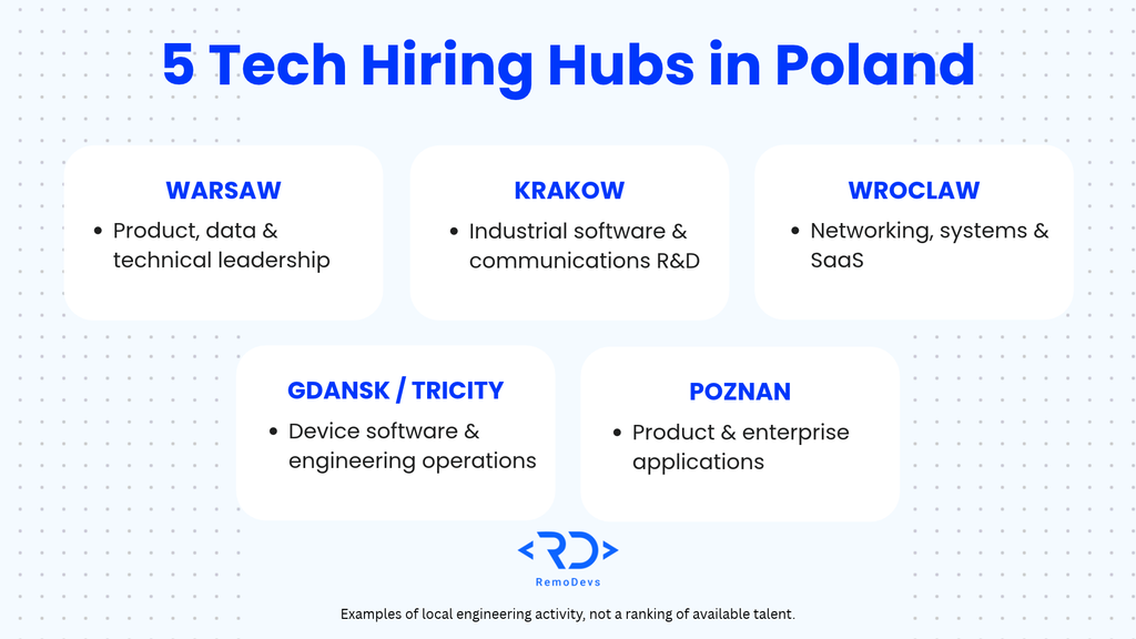 Five Polish tech hiring hubs compared by engineering focus: Warsaw, Krakow, Wroclaw, Gdansk/Tricity and Poznan.